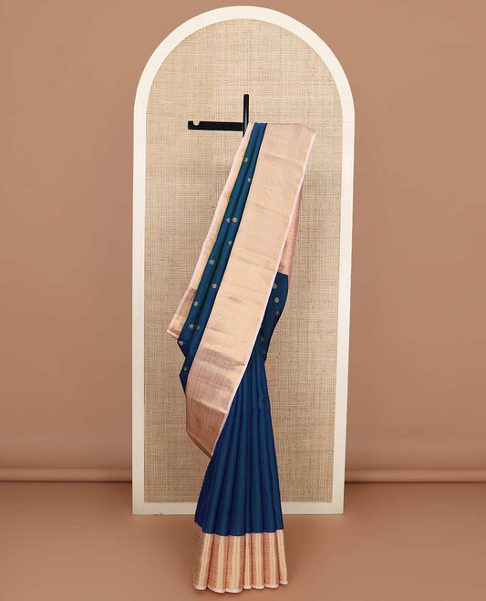 Blue zari buttas Vasundhara silk mix saree, contrast border of muthu, kathir, neli, rettai neli, rudraksham, and mayil designs, and jaal pallu