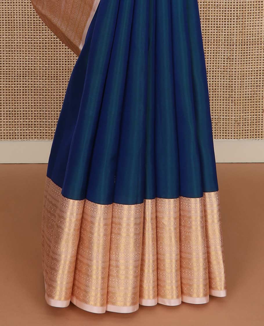 Blue zari buttas Vasundhara silk mix saree, contrast border of muthu, kathir, neli, rettai neli, rudraksham, and mayil designs, and jaal pallu