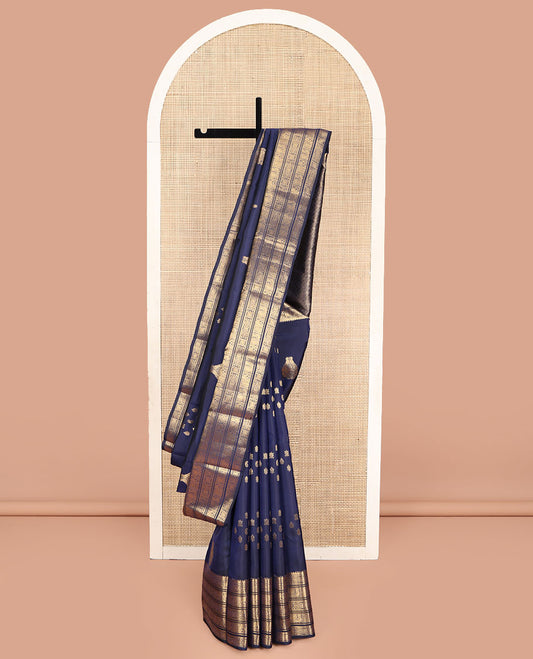 Blue Vasundhara Lite Silk Mix Saree, Enriched with Zari Buttas on Its Body, Highlighted by a Zari Border of Muthu, Neli, Jada Nagam, Mayil, and Yaanai Designs, Majestically Detailed Jaal Pallu, and Paired with a Matching Blouse