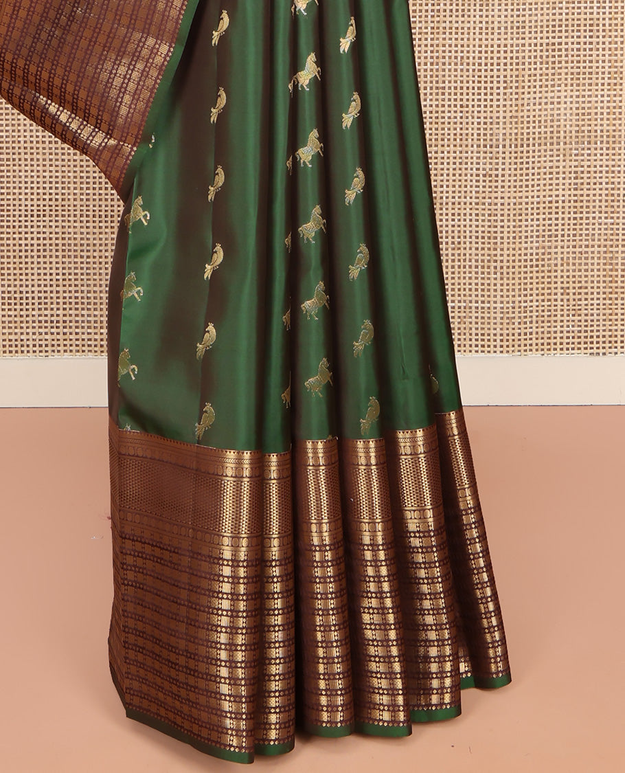 Green Vasundhara Lite Silk Mix Saree, Majestically Detailed with Zari Buttas on Its Body, Complemented by a Contrast Border of Rekku, Kathir, Rudraksham, and Ara Maadam Designs, Grand Geometric Patterned Pallu, and Paired with a Contrast Blouse