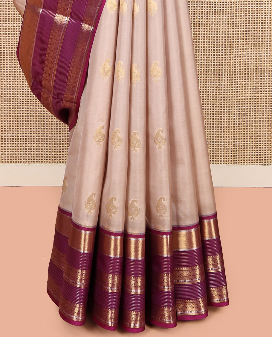 Sandal Vasundhara Lite Silk Mix Saree, Sparsely Woven with Zari Buttas, Complemented by a Contrast Border of Mayil Kann and Mayil Designs, Traditional Zari Pallu, and a Contrast Blouse