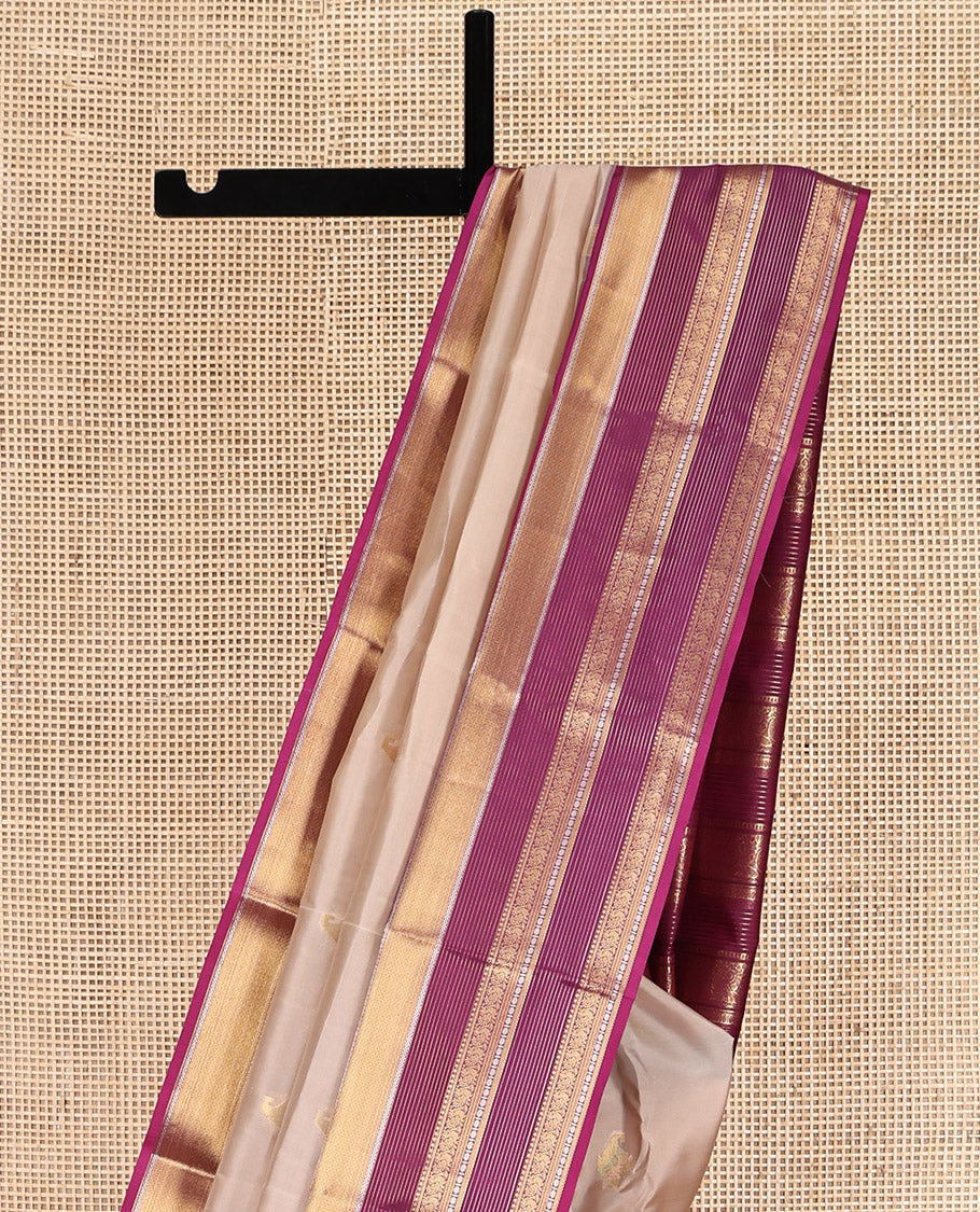 Sandal Vasundhara Lite Silk Mix Saree, Sparsely Woven with Zari Buttas, Complemented by a Contrast Border of Mayil Kann and Mayil Designs, Traditional Zari Pallu, and a Contrast Blouse