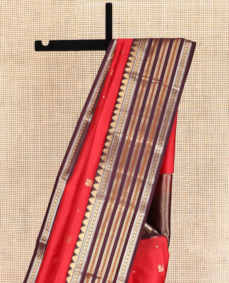 Red Mayil Buttas Vasundhara Lite-Silk Mix Saree, Complemented by a Contrast Temple Border of Kathir, Kamalam, and Manga Designs, Grand Pallu, and a Contrast Blouse