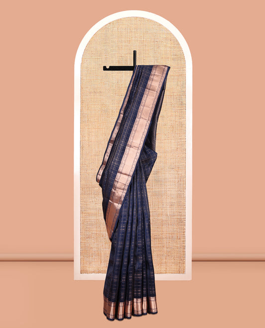 Blue Zari Checked Vasundhara Lite Silk Mix Saree, a Zari Mayil-Yaanai Border, Matching Blouse