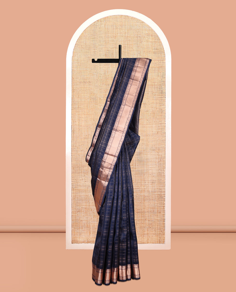 Blue Zari Checked Vasundhara Lite Silk Mix Saree, a Zari Mayil-Yaanai Border, Matching Blouse