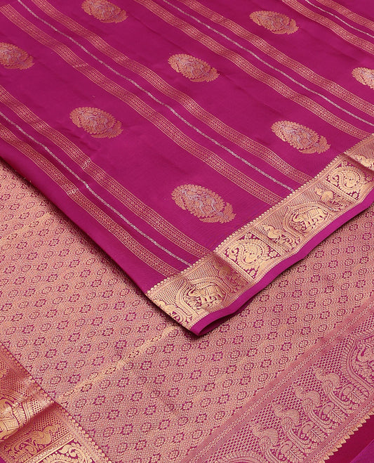 Purple manga buttas Vasundhara elite silksaree, zari border of salngai,yaanai & mayil & intricate pallu