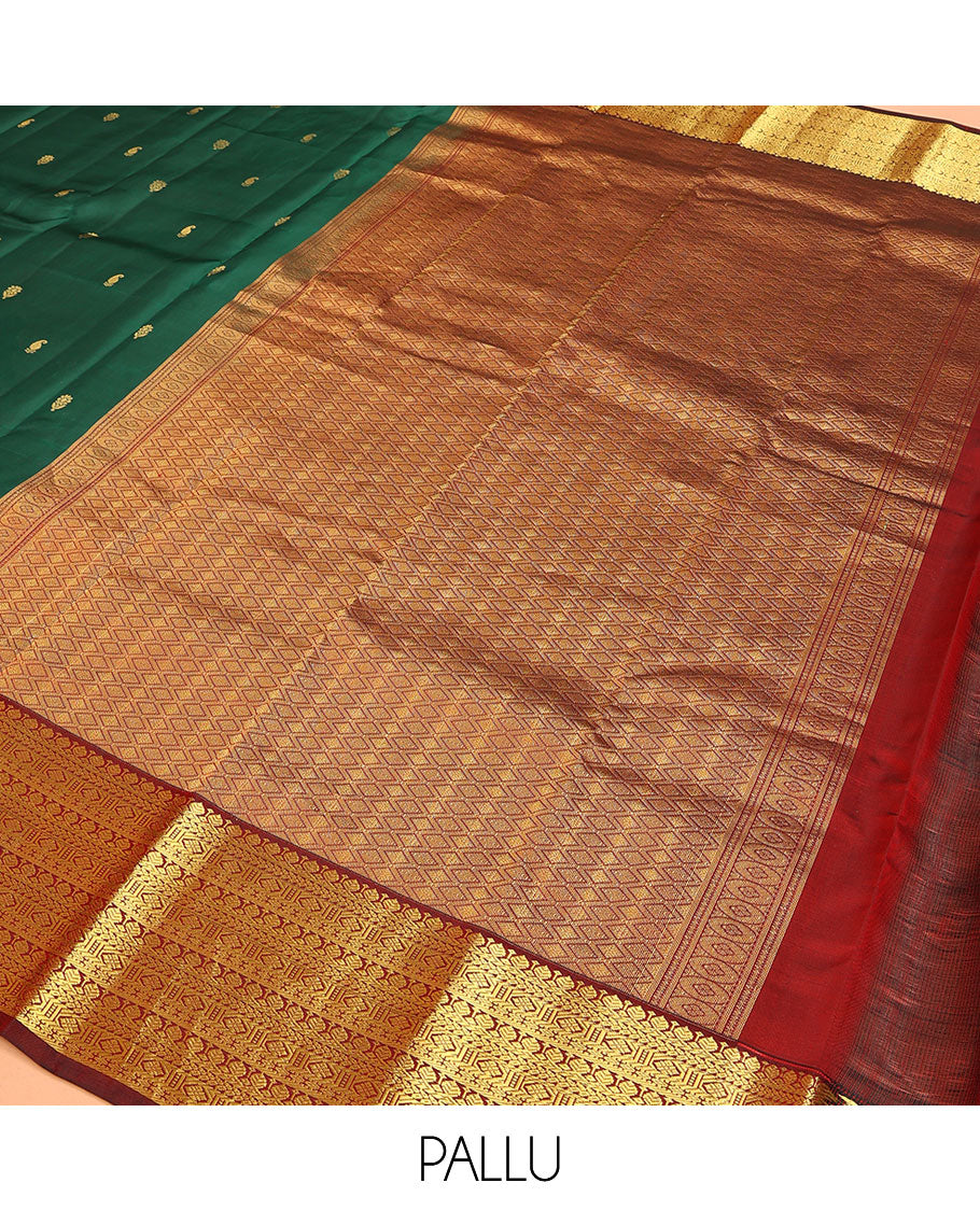 Green Vasundhara Lite Silk Mix Saree, Embellished with Zari Buttas on Its Body, Complemented by a Contrast Border of Traditional Designs, Grand Jaal Pallu, and Paired with a Contrast Blouse
