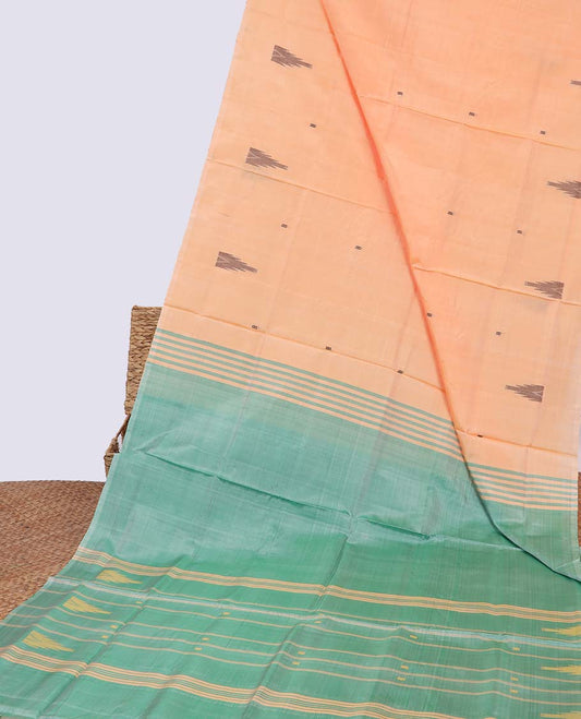 Borderless orange temple motifs banana pith saree & striped temple motifs pallu