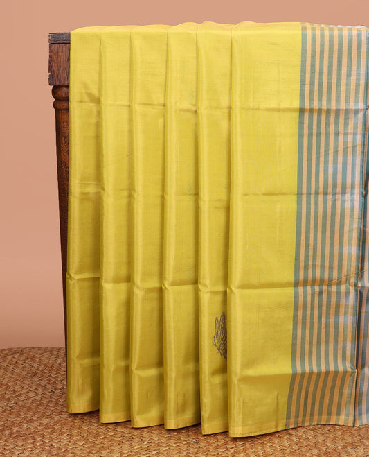 Borderless Yellow Banana Pith Saree, Mesmerized with Butterfly Buttas All Over Its Body, Complemented by a Contrast Pallu Features Butterfly Buttas, and Paired with a Contrast Blouse