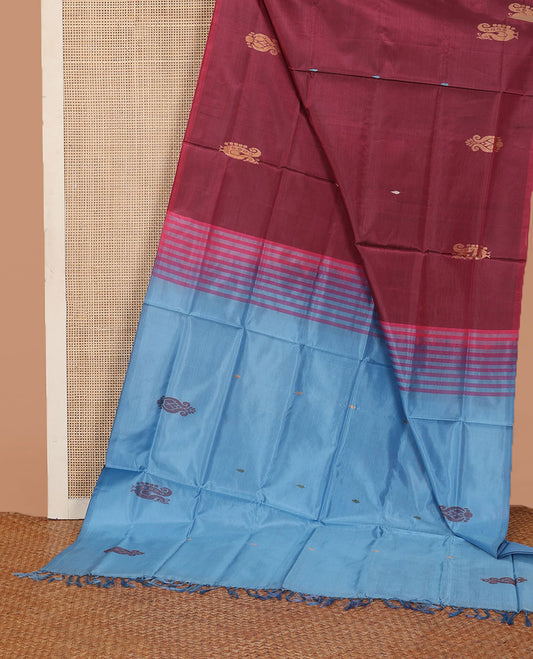 Borderless maroon buttas banana pith saree, contrast pallu of stripes, and buttas