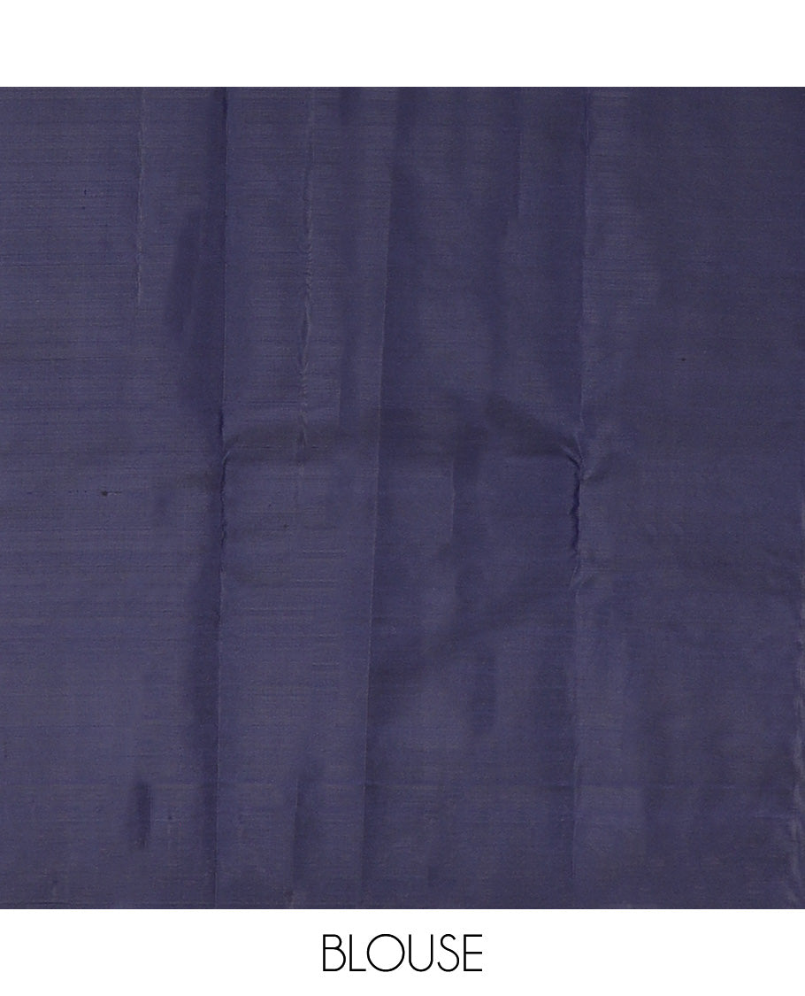 Navy blue zari buttas silk saree, zari border and pallu of zai yaanai, mayil, chakram, and diamond buttas enclosed checks