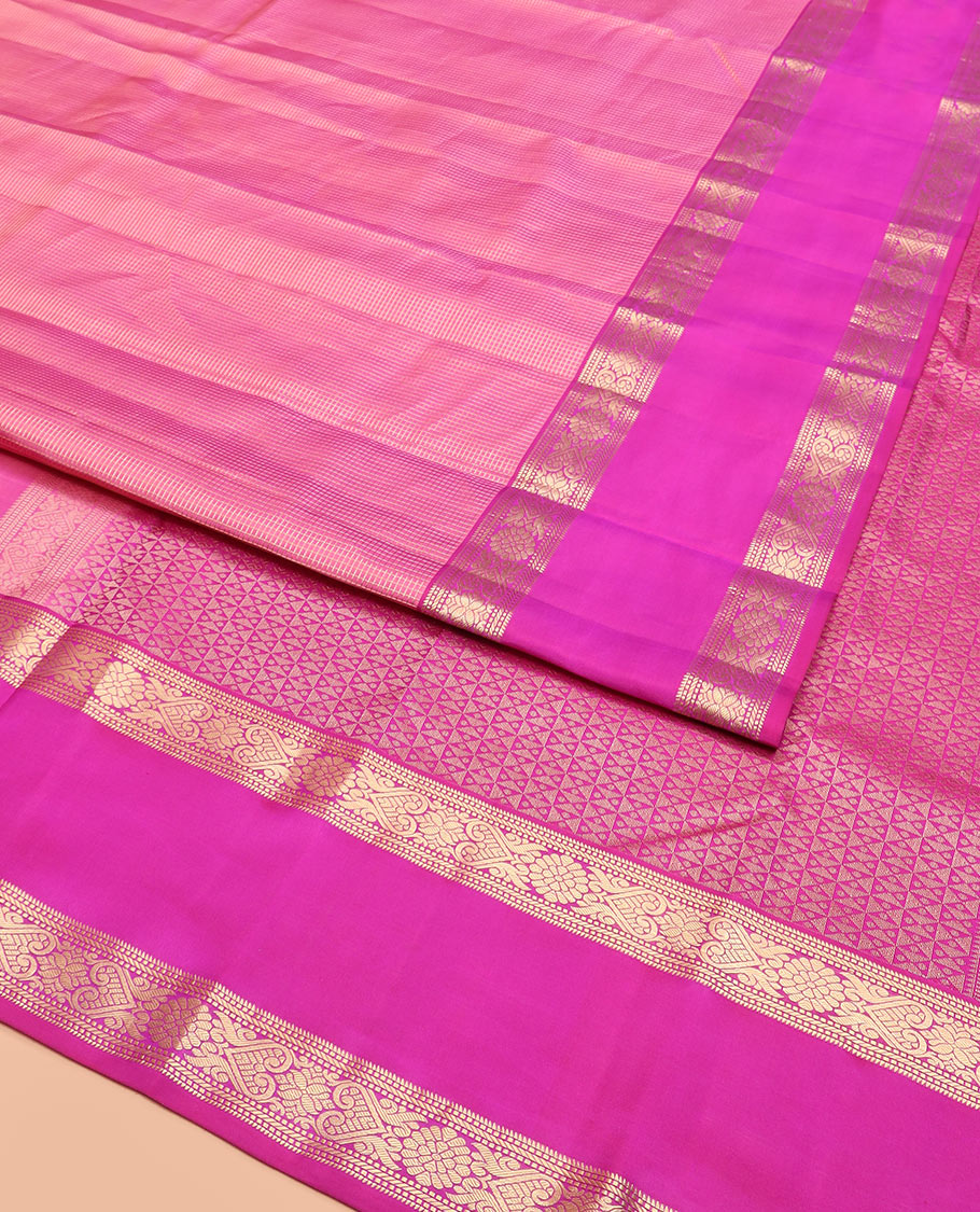 Pink Vasundhara Silk Saree Artfully Detailed with Zari Micro-Checks, Complemented by a Contrast Rettai Pettu Border of Traditional Designs, Pallu Steeped Geometric Designs, and a Contrast Blouse