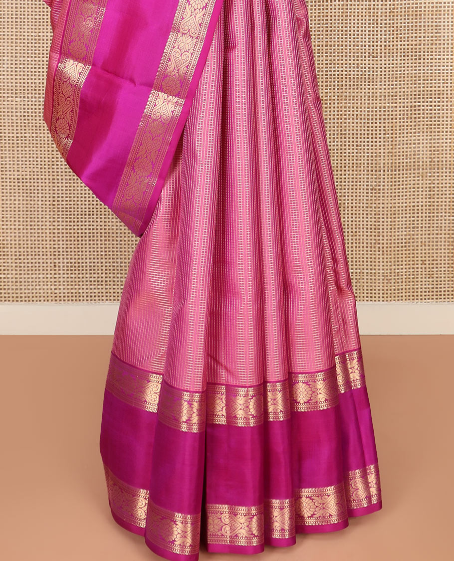 Pink Vasundhara Silk Saree Artfully Detailed with Zari Micro-Checks, Complemented by a Contrast Rettai Pettu Border of Traditional Designs, Pallu Steeped Geometric Designs, and a Contrast Blouse