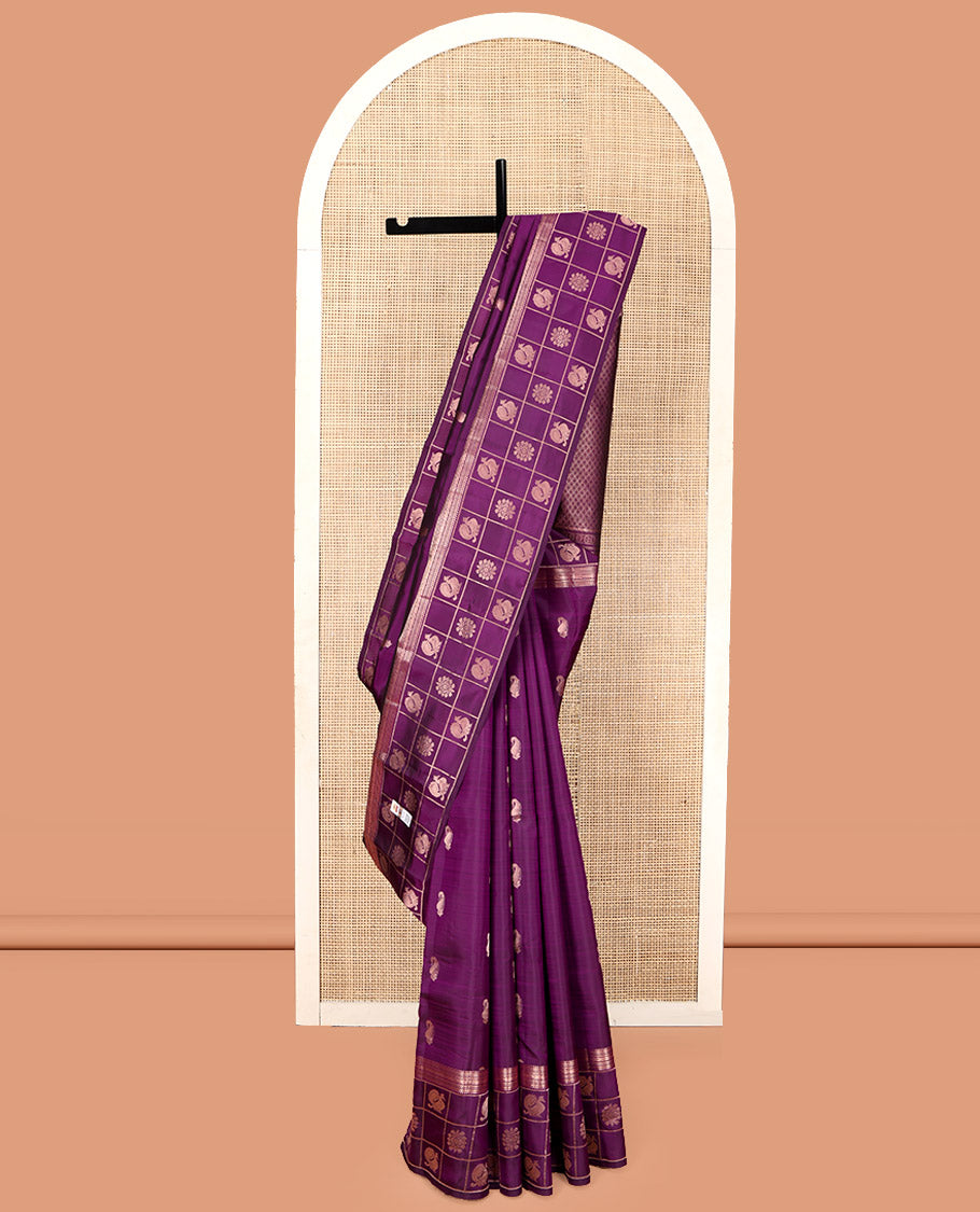 Purple Vasundhara Silk Saree, Artfully Detailed with Zari Buttas, Highlighted by a Zari Border of Rekku, Muthu, Jada Nagam, and Butta Enclosed Checks, Jaal Pallu, and a Matching Blouse