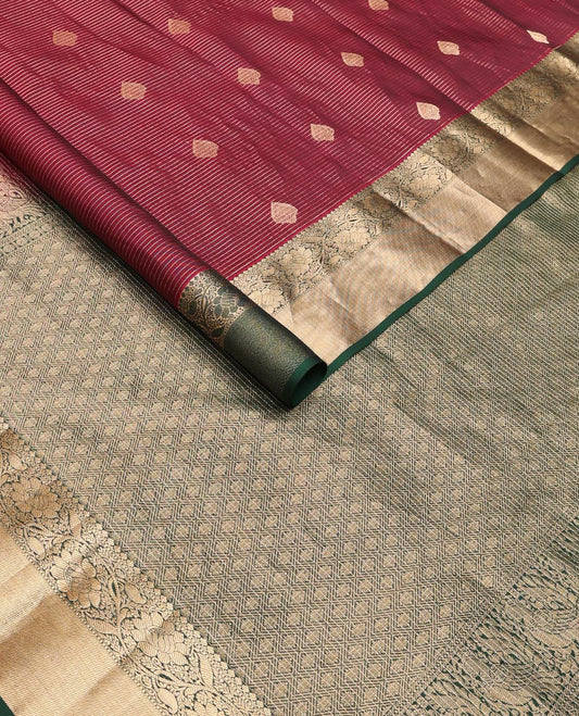 Maroon zari design silk saree, contrast border of thilakam mokku,muthu & kodi visiry design & jaal pallu