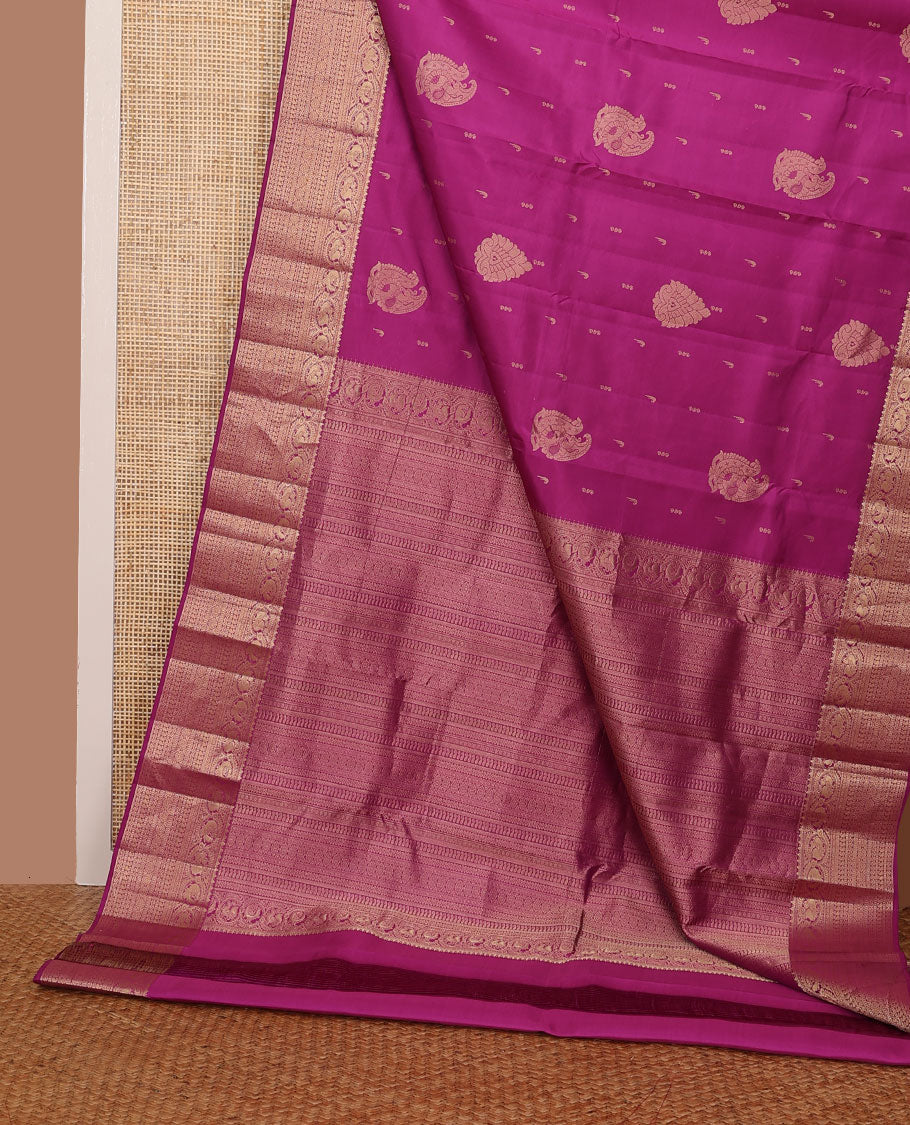 Rani pink silk saree with mayil & muniya buttas, zari border & pallu of thilakam,muthu,kathir,mayil,rettai neli,manga,kamalam & cross neli