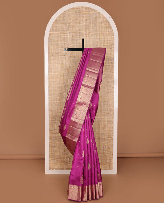 Rani pink silk saree with mayil & muniya buttas, zari border & pallu of thilakam,muthu,kathir,mayil,rettai neli,manga,kamalam & cross neli