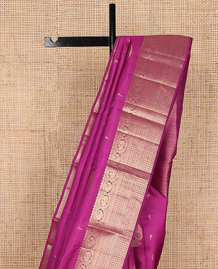 Rani pink silk saree with mayil & muniya buttas, zari border & pallu of thilakam,muthu,kathir,mayil,rettai neli,manga,kamalam & cross neli