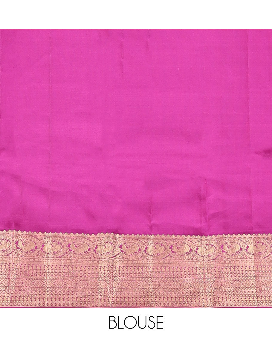 Rani pink silk saree with mayil & muniya buttas, zari border & pallu of thilakam,muthu,kathir,mayil,rettai neli,manga,kamalam & cross neli