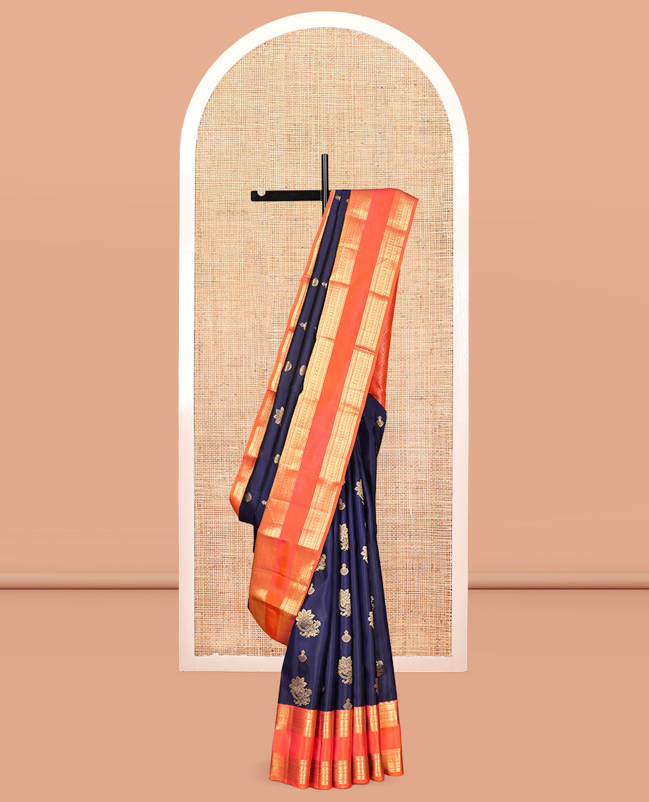 Blue Zari Buttas Vasundhara Silk Saree, Complemented by a Contrast Rettai Pettu Border of Salngai, Muthu, Kathir, Banaras, Manga, and Kamalam Designs, Jaal Pallu, and Contrast Blouse