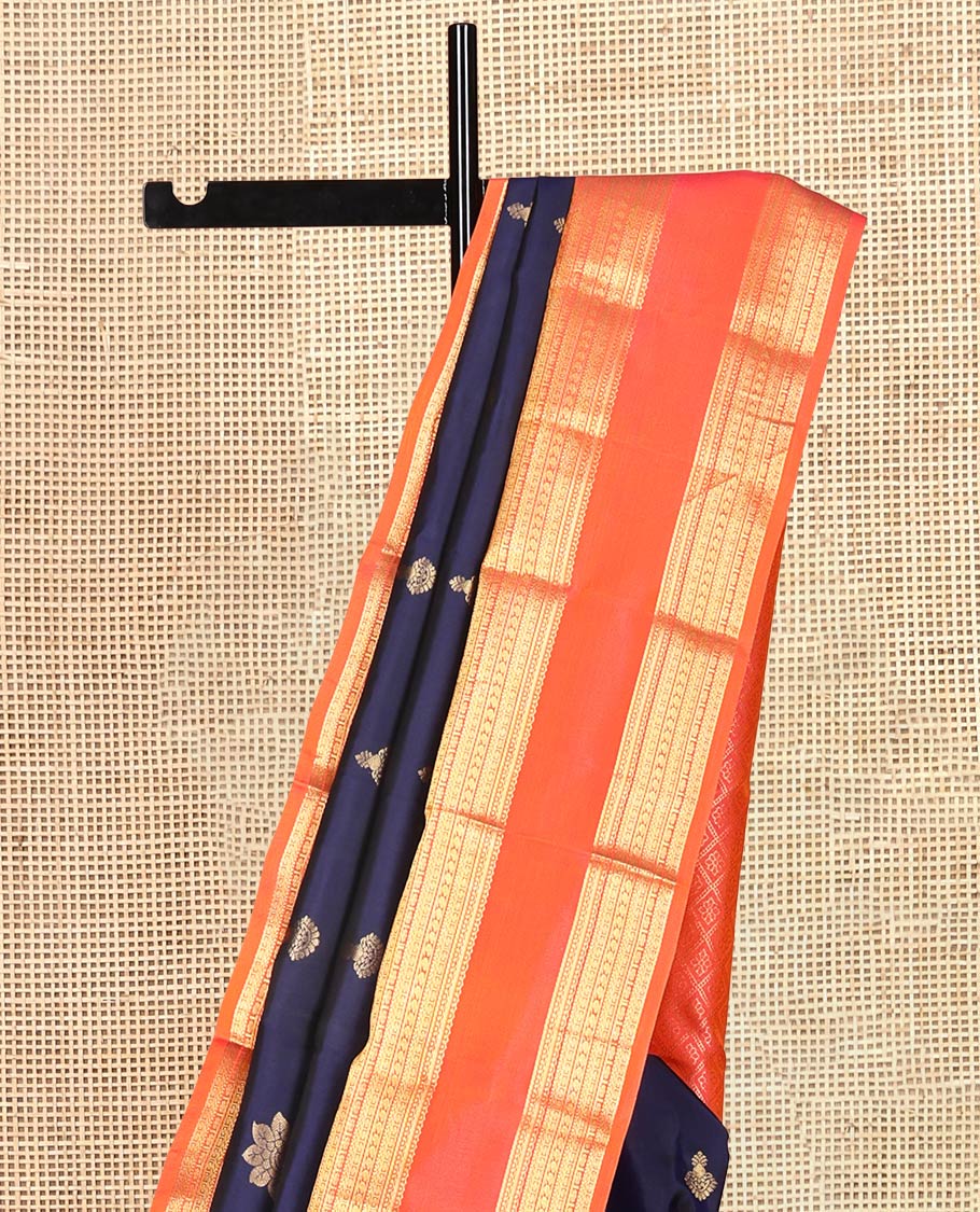 Blue Zari Buttas Vasundhara Silk Saree, Complemented by a Contrast Rettai Pettu Border of Salngai, Muthu, Kathir, Banaras, Manga, and Kamalam Designs, Jaal Pallu, and Contrast Blouse