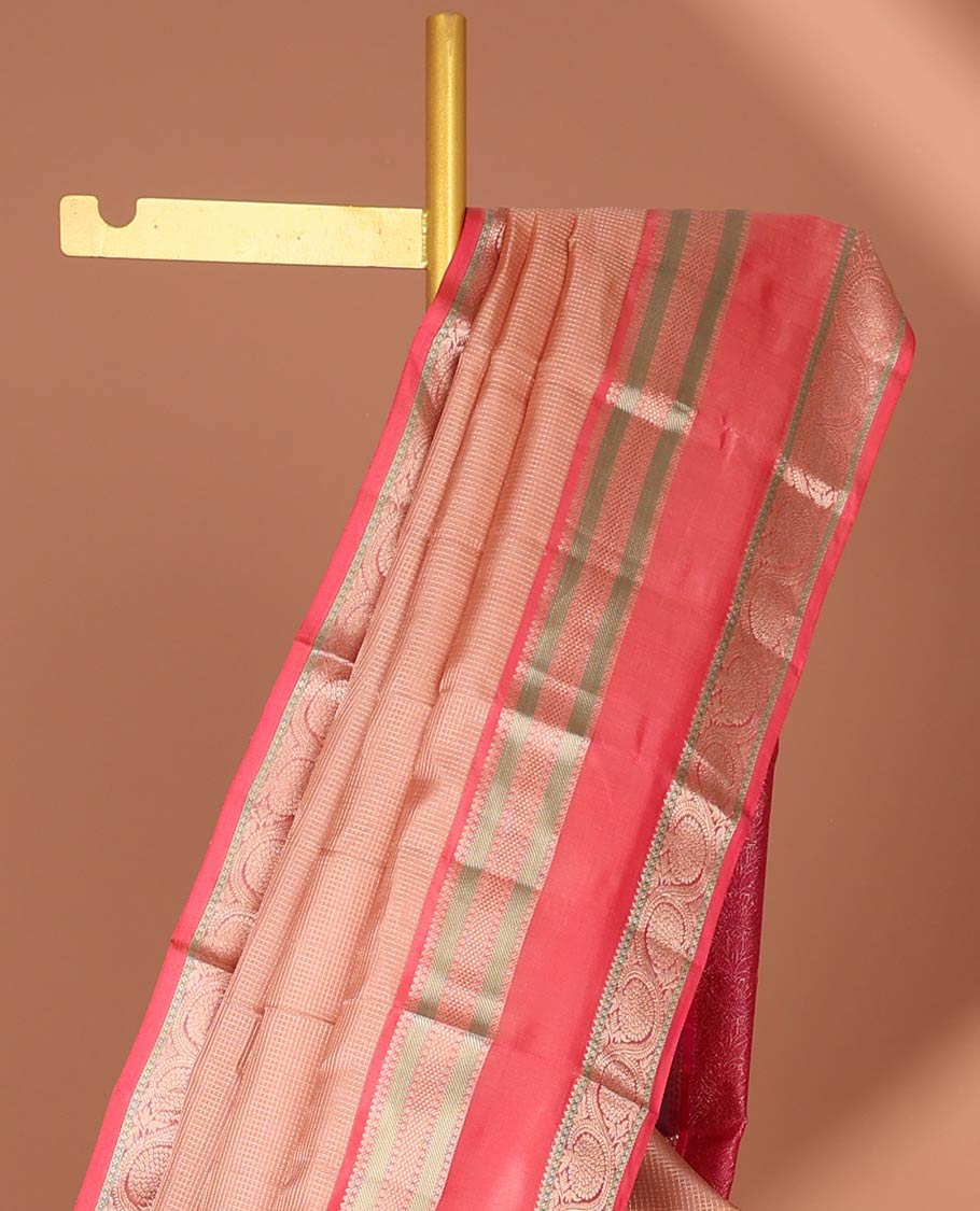 Pink checked silk saree with contrast border of thilakam mokku, banaras, kuyil kann, poo chakram design & jaal design pallu