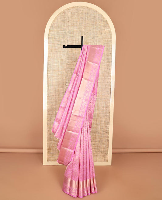 Ligth pink floral jacquard kancheepuram silk saree with self border of rekku, muthu, banaras, kodi visiry design & zari design pallu