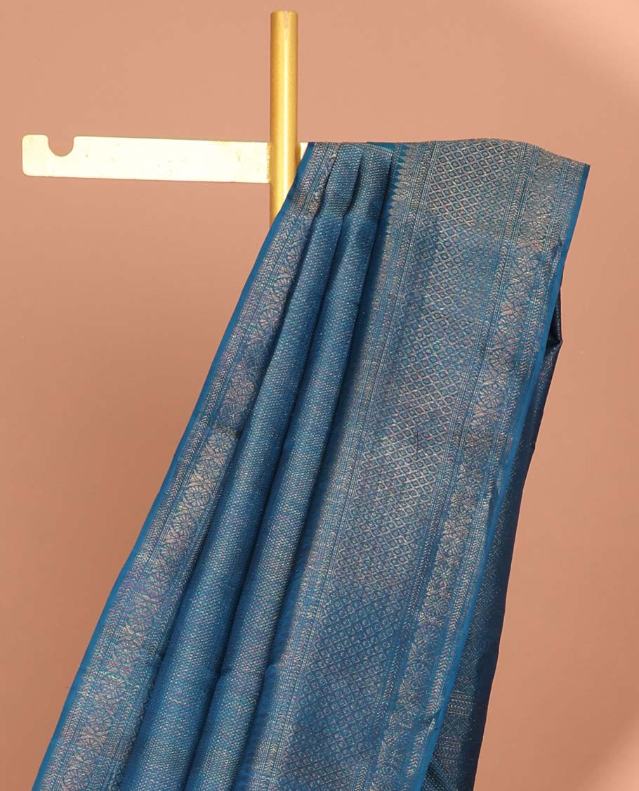 Blue striped kancheepuram silk saree with self zari design border & traditional zari design pallu