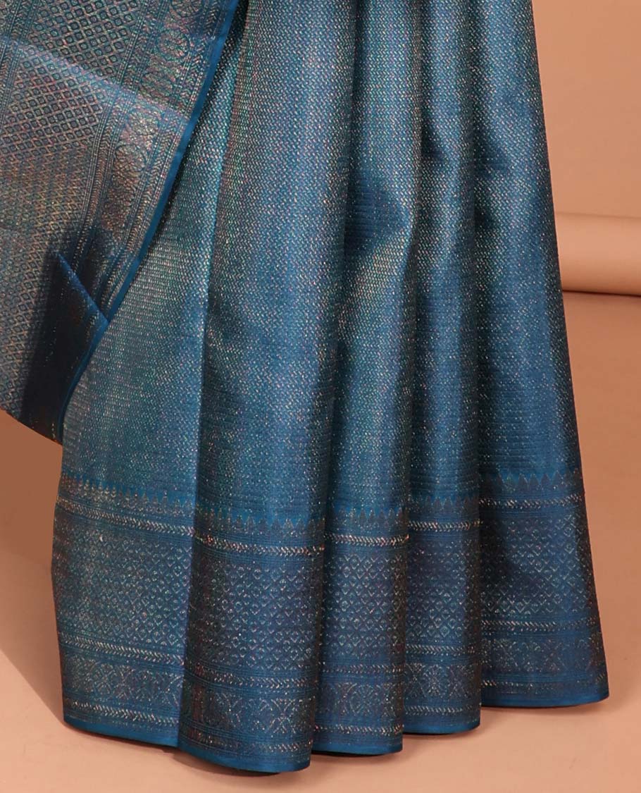 Blue striped kancheepuram silk saree with self zari design border & traditional zari design pallu