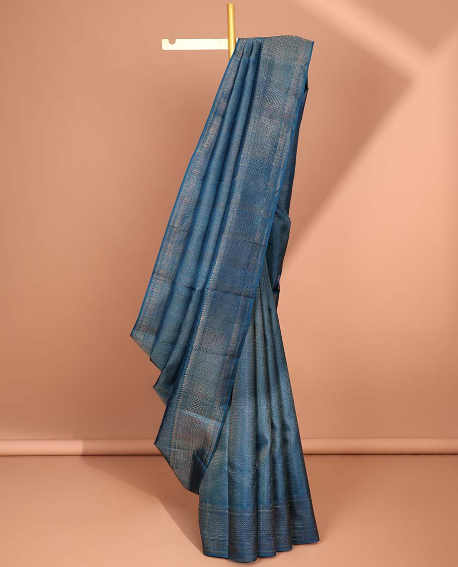 Blue striped kancheepuram silk saree with self zari design border & traditional zari design pallu
