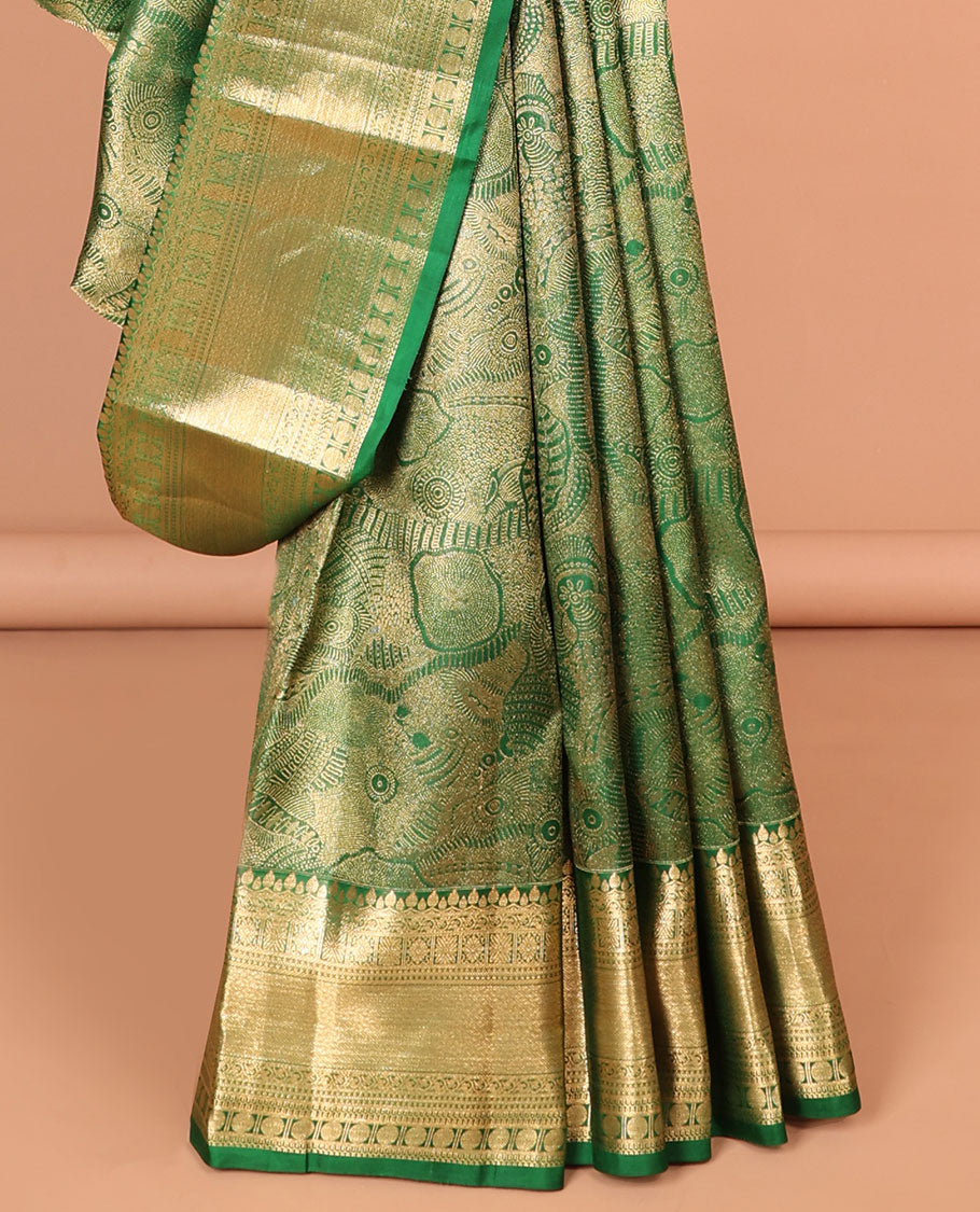 Green  floral jacquard kancheepuram silk saree with contrast zari design border & traditional zari design pallu