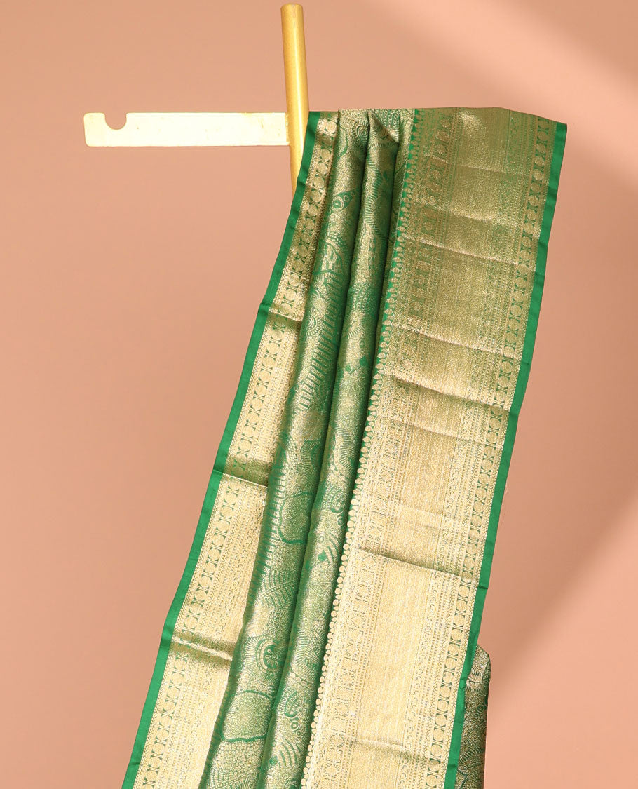 Green  floral jacquard kancheepuram silk saree with contrast zari design border & traditional zari design pallu