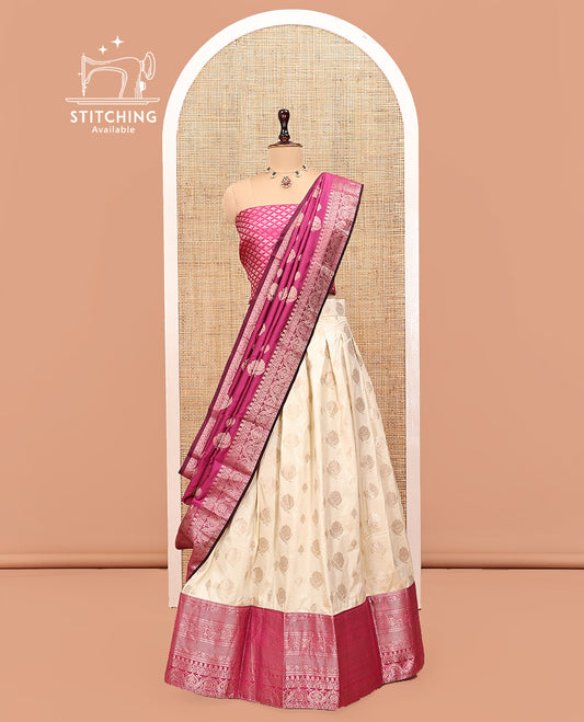Cream-Magenta Art Silk Half Saree, Embellished with Zari Buttas Skirt, Contrast Traditional Border, Jacquard Blouse, and a Contrast Banaras Dhavani