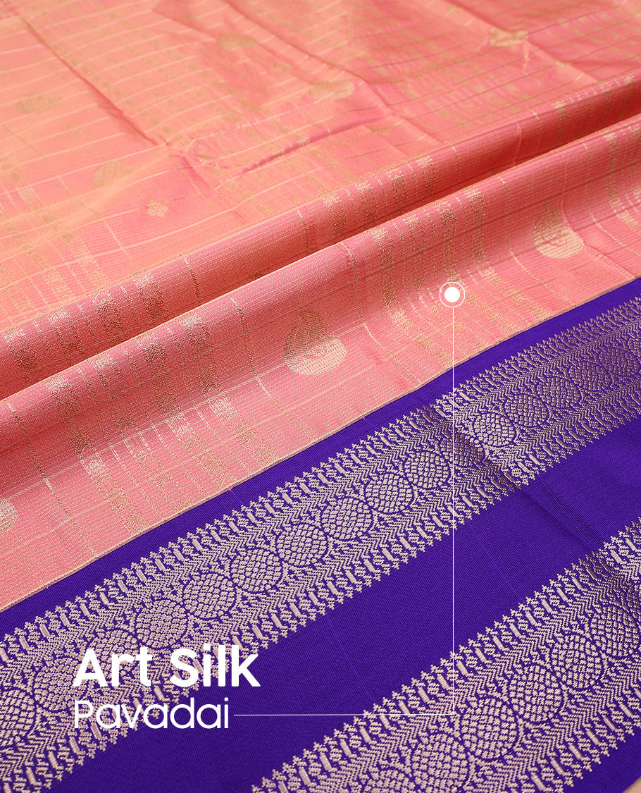 Peach art silk pavadai set, zari design with contrast traditional zari rettai pettu bordered skirt and a contrast zari border blouse