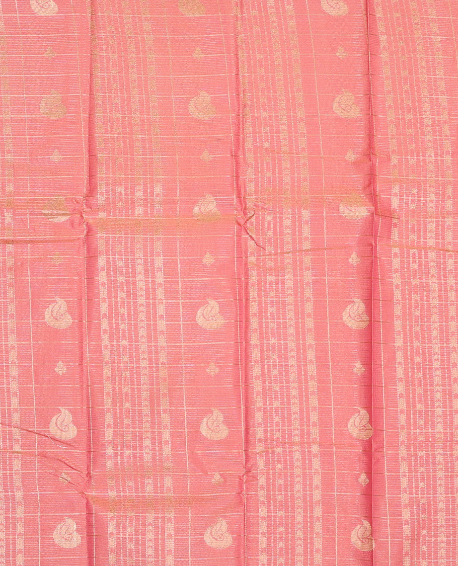 Peach art silk pavadai set, zari design with contrast traditional zari rettai pettu bordered skirt and a contrast zari border blouse