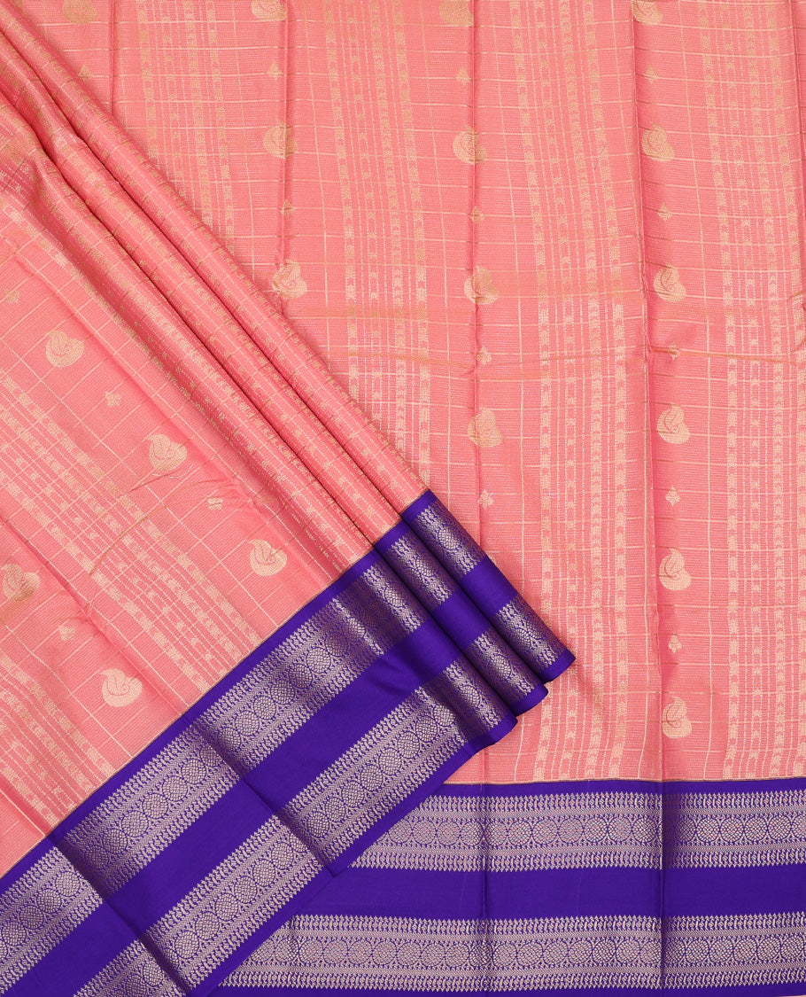 Peach art silk pavadai set, zari design with contrast traditional zari rettai pettu bordered skirt and a contrast zari border blouse