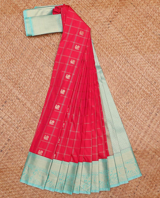 Red peacock and chakram motif enclosed checked gift saree, contrast traditional zari border, and jaal pallu