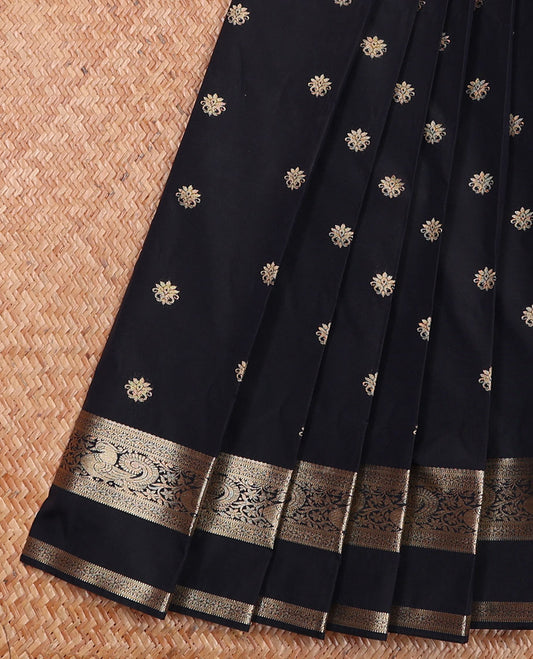 Inky Black Budget Silk Saree Richly Detailed with Zari Buttas, Featuring a Traditional Zari-Design Rettai Pettu Border, Self-Colored Pallu Ofintricate Designs, and a Matching Blouse