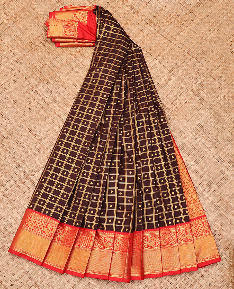 Brown Budget Silk Saree, Accentuated With Zari Butta Enclosed Checks On Its Body, Complemented by Contrast Traditional Zari Designs Woven Border, Grand Jaal Pallu and Paired with a Contrast Blouse