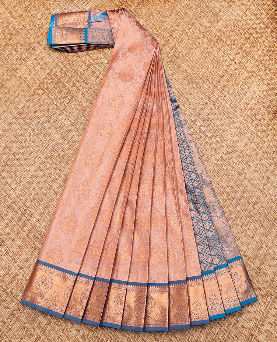 Peach Budget Silk Saree Featuring Jacquard, Complemented by Contrast Traditional Zari Border, Grand Jaal Pallu, and a Contrast Blouse
