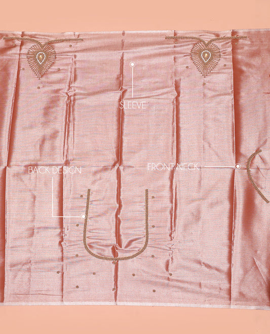 Rose Gold Aari Blouse Material, Enthralled with Leaf Pattern Sugar Bead Embroidery on Its Sleeves, and Subtle Sugar Bead Work on Its Back and Front Neck