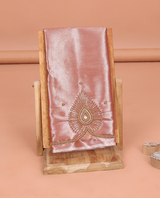 Rose Gold Aari Blouse Material, Enthralled with Leaf Pattern Sugar Bead Embroidery on Its Sleeves, and Subtle Sugar Bead Work on Its Back and Front Neck