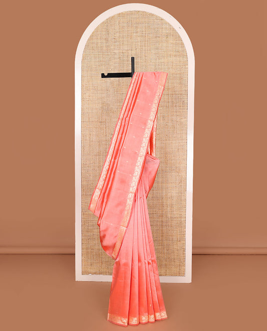 Peach buttas banarasi kathan silk saree,  floral creeper border, and pallu of floral jaal design