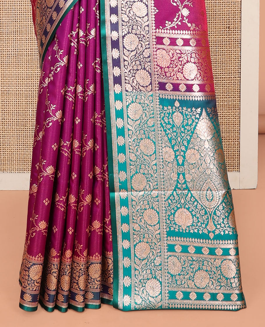 Purple Banarasi Nylon Saree, Gleamed Up with Jacquard, Contrast Floral Creeper Zari Border, Intricate Pallu, and a Contrast Blouse
