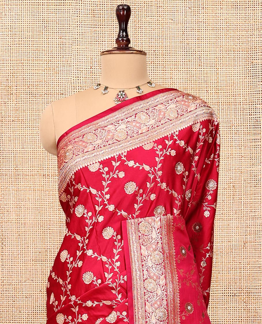 Red Banarasi Satin Saree, Mesmerized with Floral Jaal Jacquard, a Floral Creeper Border, Intricate Stonework Pallu, and a Matching Blouse