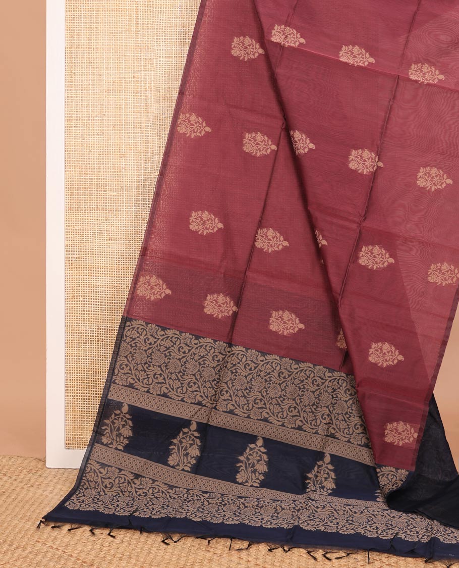 Borderless terracotta red buttas semi-silk cotton saree, contrast floral design pallu