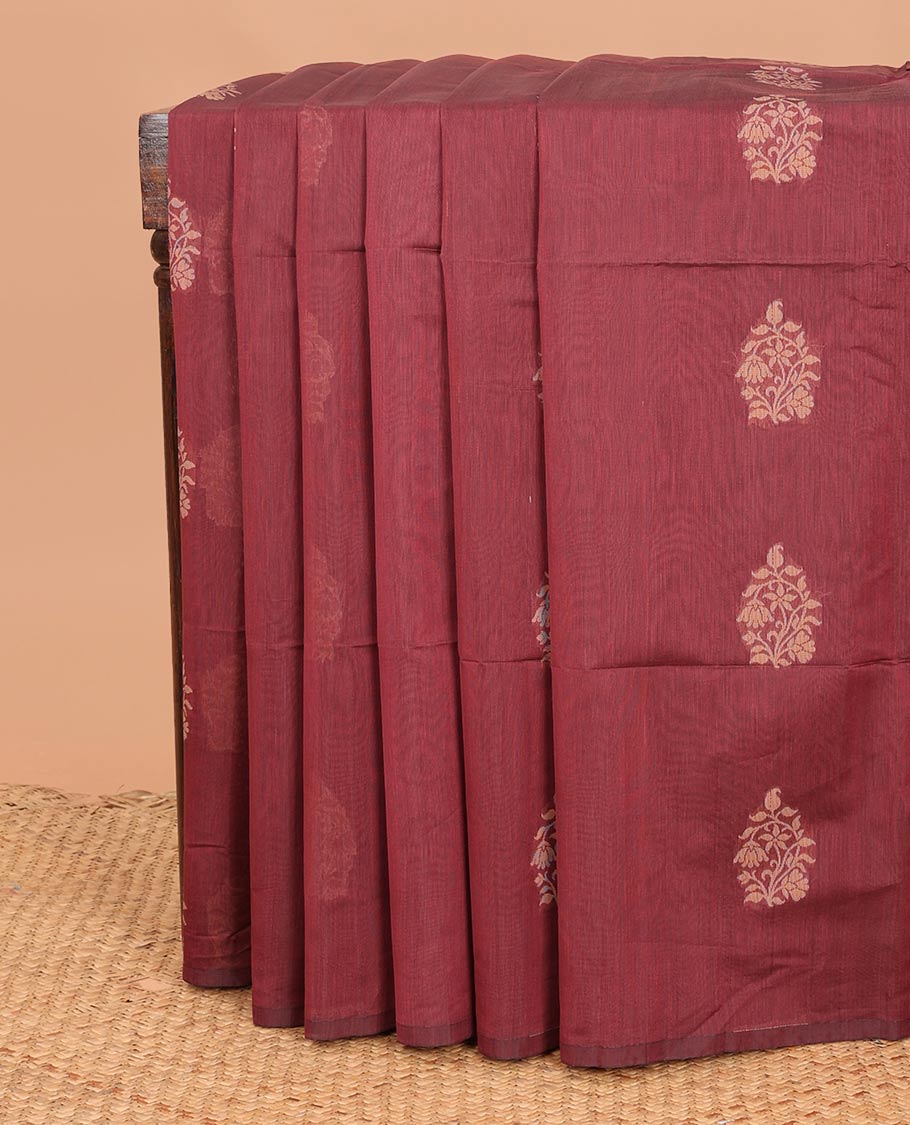 Borderless terracotta red buttas semi-silk cotton saree, contrast floral design pallu