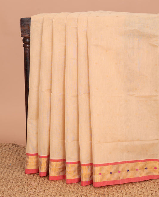 Sandal buttas Venkatagiri cotton saree, contrast zari and thread border, and zari striped pallu