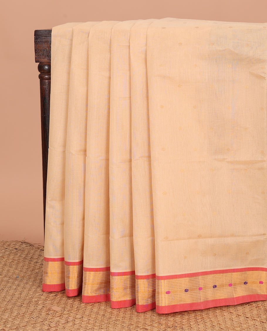 Sandal buttas Venkatagiri cotton saree, contrast zari and thread border, and zari striped pallu