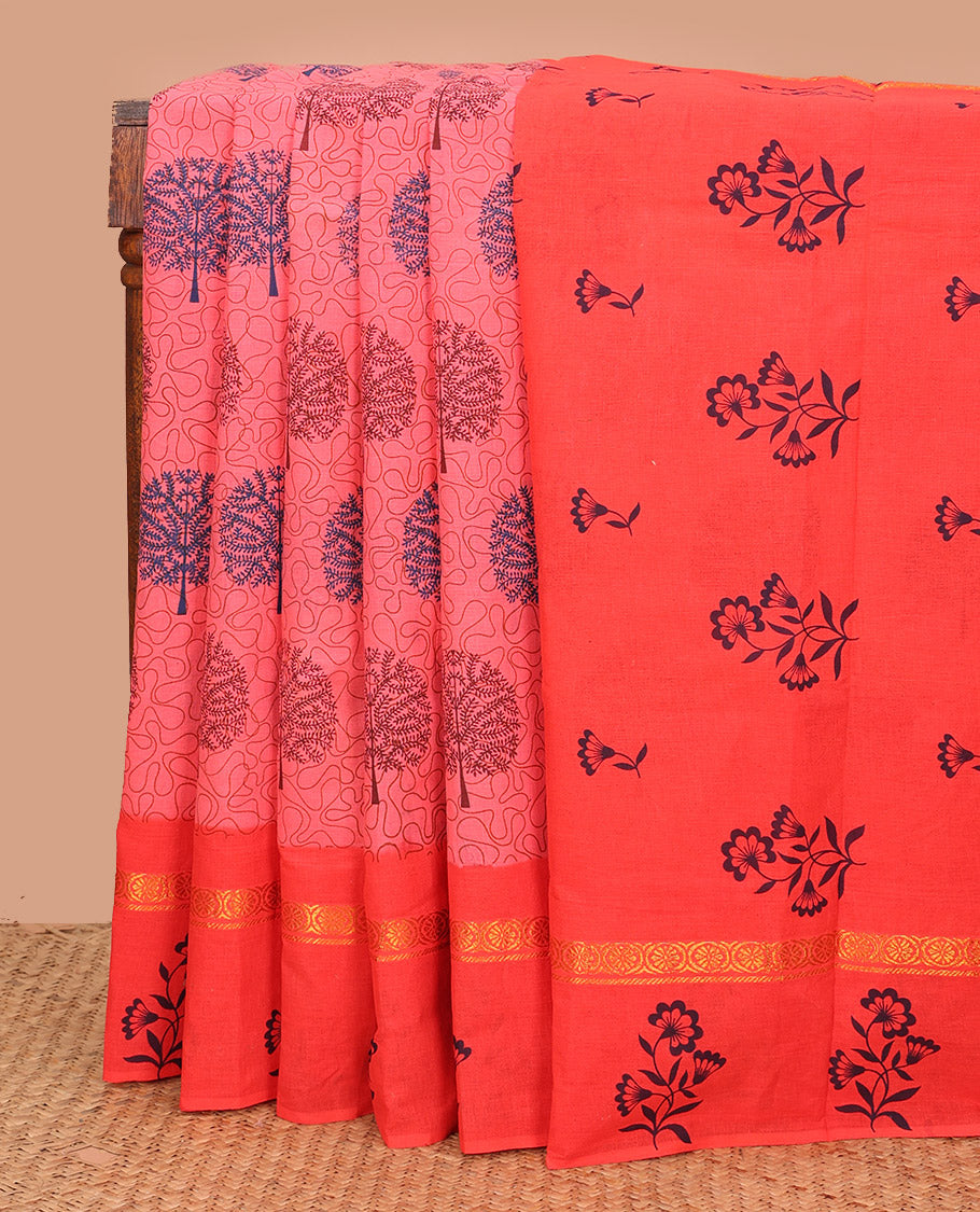 Pink Sungudi Cotton Saree Bedecked with Tree Motifs and Vine Print, Highlighted by Contrast Zari and Print Work Border of Floral Print, and Pallu with Floral Print
